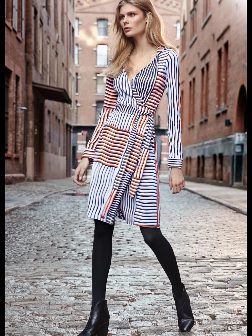Diane Von Furstenberg Multi-Striped Wrap Midi Dress in Navy, White & Orange - Picture 5 of 9